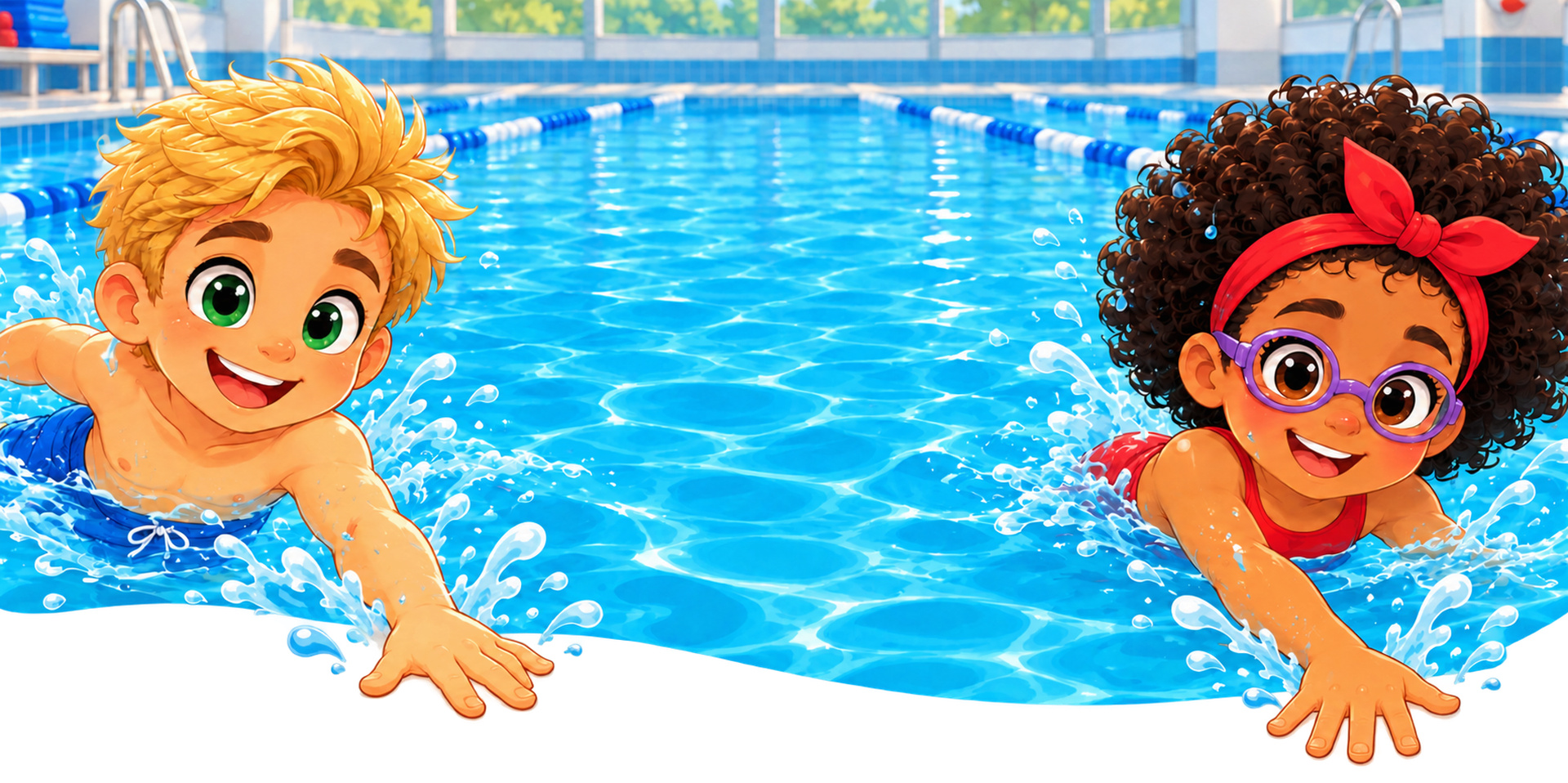 Les mascottes à la piscine